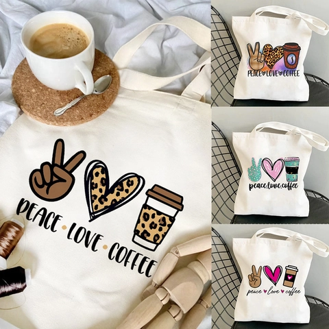 Peace Love Coffee Polyester Canvas Tote Bag Printed Vintage Large Shoulder Shopping Bag Women Casual Daily Travel Handbag