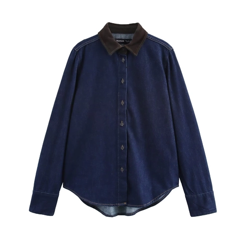 Dames Denim Overhemd Lange Mouwen Contrast Bruine Kraag Losse Pasvorm Vintage Stijl Blouse Donkerblauw