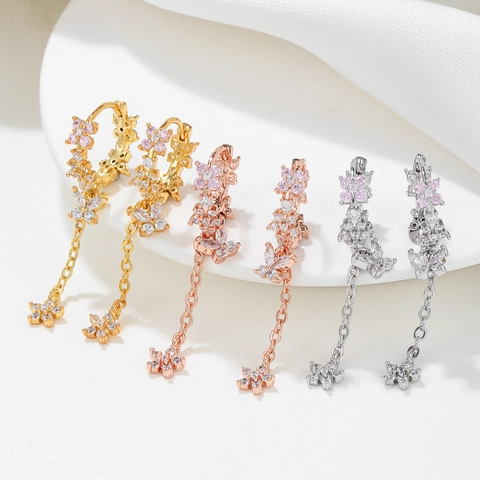 Flower Butterfly Tassel Drop Earrings Copper Inlaid Cubic Zirconia With Silver Earring Post Elegant Sweet Jewelry For Women