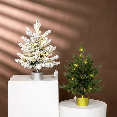 Artificial Christmas Tree Rotating Music Box LED Warm Light Flocked Snow Effect Desktop Holiday Decor Gift