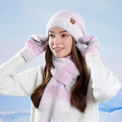 Winter Knitted Hat Scarf And Touchscreen Gloves Women Ombre Gradient Polyester Thermal Outdoor Windproof Warm Accessory