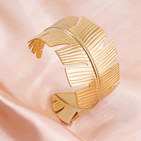 Breit Palmblatt Offene Manschette Armreif Edelstahl 18K Vergoldet Verstellbar Tropisch Feder Design Boho Schmuck
