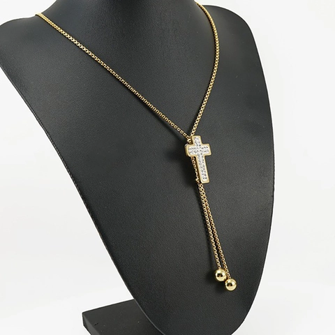 Kreuz Anhänger Halskette 18K Vergoldeter Titanstahl Verstellbare Lange Pulloverkette Damen Religiöser Schmuck