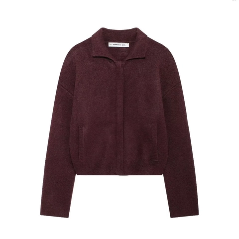 Knit Cardigan Sweater Jacket Women Lapel Zipper Solid Burgundy Red Long Sleeve Loose Casual Outerwear Warm