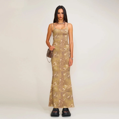 Camisole Maxi Dress Cotton Slim Fit Adjustable Spaghetti Straps Vintage Camouflage Print Sleeveless Long For Women