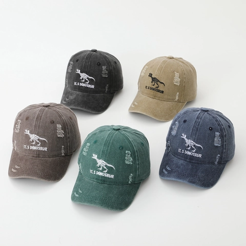 Kids Baseball Cap Washed Cotton Dinosaur Skeleton Embroidery Distressed Vintage Sun Hat For Boys Adjustable