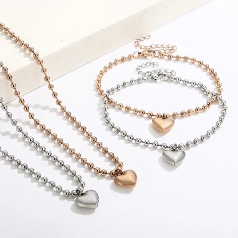 Heart Pendant Necklace Bracelet Stainless Steel 18K Gold Plated Elegant Minimalist Ball Chain Jewelry For Women