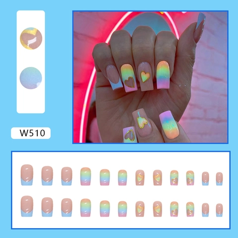 Rainbow Gradient Press On Nails French Gold Heart Pattern Square Artificial Fake Nails For Women Cute Style