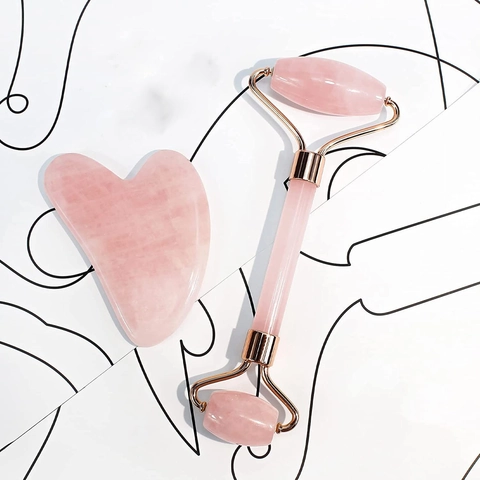 Facial Roller And Gua Sha Board Natural Rose Quartz Jade Stone Massager For Face Neck Skin Care Anti Aging Lifting