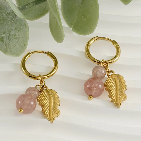 Hoop Dangle Earrings 18K Gold Plated Stainless Steel Natural Pink Strawberry Quartz Leaf Pendant Bohemian Style Women