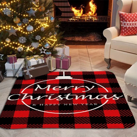 Christmas Floor Mat Flannel Non-Slip Absorbent Door Rug Holiday Home Decoration Buffalo Plaid Merry Christmas Print