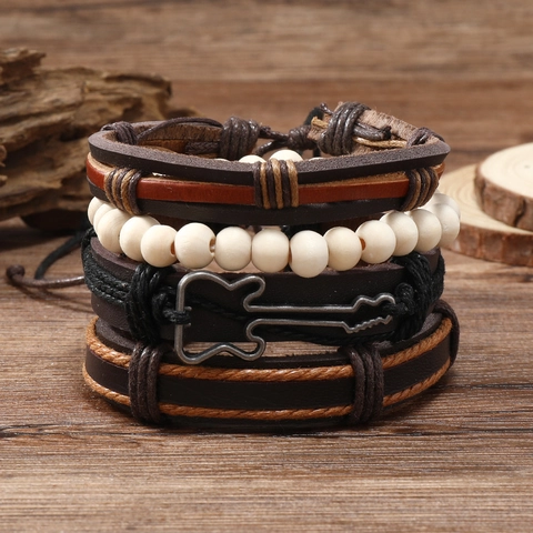 Vintage Woven Leather Bracelet Multi Layer Alloy Guitar Pendant Wood Beaded Bohemian Punk Style Adjustable For Men
