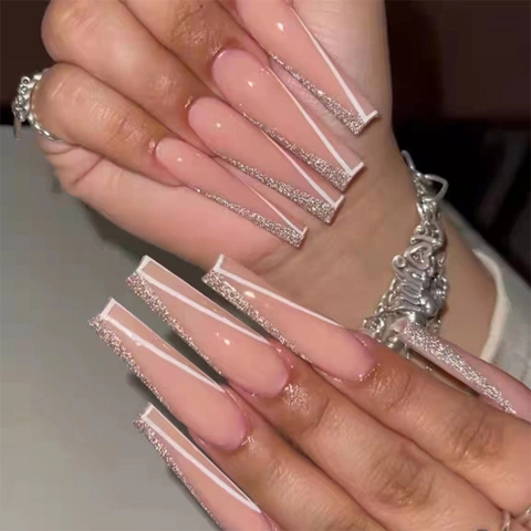 Long Coffin Press On Nails Nude Pink Base Silver Glitter White Lines French Style Artificial False Nails For Women