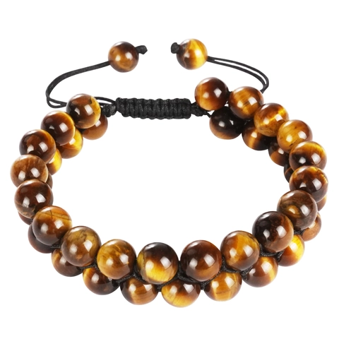 Men Women 8mm Natural Tiger Eye Stone Double Row Beaded Bracelet Adjustable Black Braided Rope Handmade Jewelry Gift