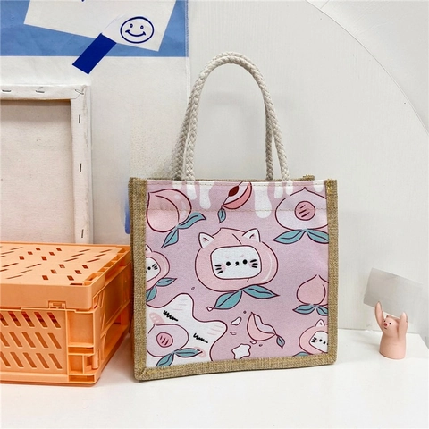 Kawaii Cartoon Gedruckt Mini Tote Handtasche Jute Leinwand Stoff Mit Baumwollseil Griff Für Mädchen Frauen Student Lässig