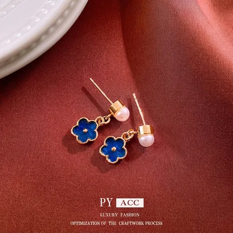 Flower Stud Earrings With Artificial Pearl And Blue Enamel Alloy Vintage Elegant Jewelry For Women With Silver Earring Post