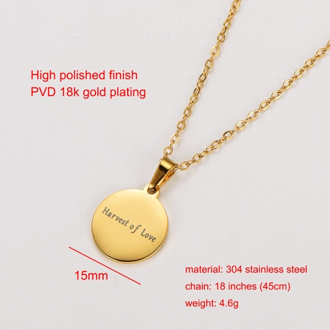 Collar Con Colgante Redondo Grabado Harvest Of Love Acero Inoxidable 304 Chapado En Oro 18K Joyería Pulida