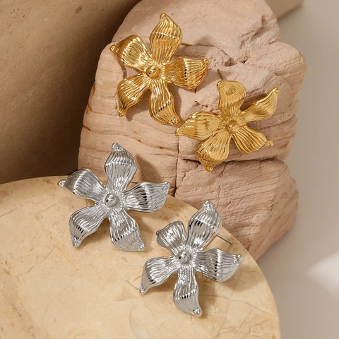 Flower Stud Earrings Stainless Steel Textured Petals Minimalist Elegant Jewelry For Women Gold And Silver