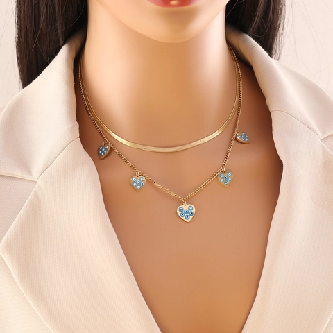 Collana A Doppio Strato In Acciaio Inossidabile Cuore Occhio Turco Orecchino Gioielli Olio Gocciolante Moda Accessorio Per Donne