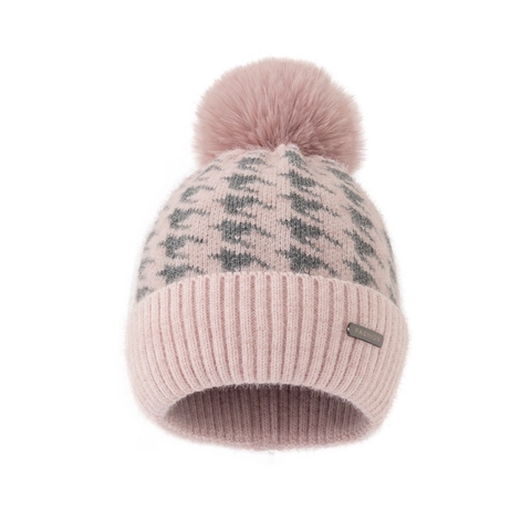 Women Winter Warm Knitted Beanie Hat Houndstooth Pattern Faux Fur Pom Pom Acrylic Ribbed Cuff Fashion Outdoor Cap