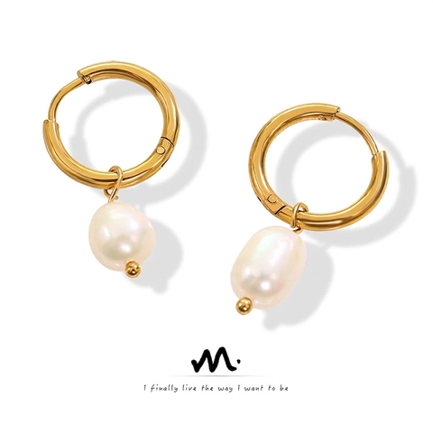Franse Vintage 18K Verguld Titaniumstaal Zoetwaterparel Oorbellen Voor Dames Minimalistische Geometrische Hanger Oorbellen