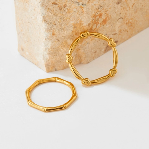 Trendy Stainless Steel Heart Bamboo Joint Rings For Women Retro Gold Plated Minimalist Finger Ring Jewelry Fashion Accessory