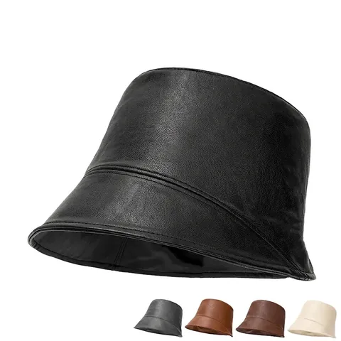 Sombrero De Pescador De Cuero PU Para Mujer Ala Ancha Ajustable Retro Color Sólido Otoño Invierno Cálido