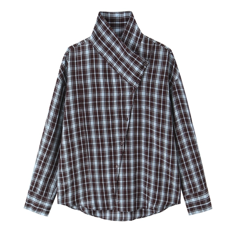 Damen Kariertes Hemd Bluse Polyester Langarm Asymmetrischer Stehkragen Seitliche Knöpfe Retro Elegant Schick Tops