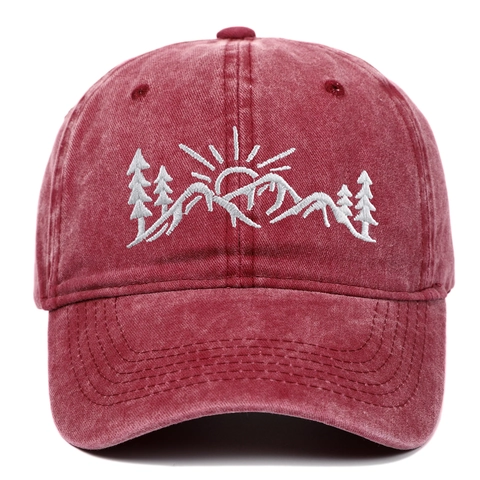 Vintage Washed Cotton Baseball Cap With Mountain Sun Pine Tree Embroidery Distressed Adjustable Outdoor Sun Hat For Men Women