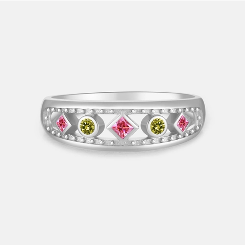 Anello In Argento Sterling 925 Con Zirconi Colorati Pietre Rosa Gialle Traforato Vintage Milgrain Gioielli Donna