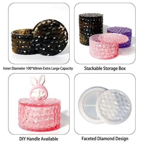 Silicone Mold For Round Diamond Storage Box Stackable Geometric Texture Epoxy Resin DIY Craft Jewelry Jar With Lid