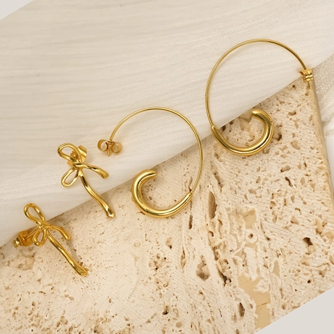 Pendientes De Botón Con Lazo Bañados En Oro De 18K Acero Inoxidable 304 Impermeables Hipoalergénicos Joyas Elegantes Para Mujer