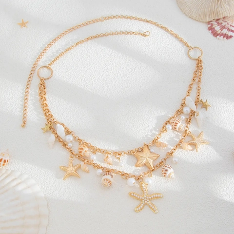 Collar Cadena De Cintura Multicapa Estrella De Mar Concha Perla Artificial Para Mujeres Aleación Oro Vacaciones Bohemio Joyería Corporal