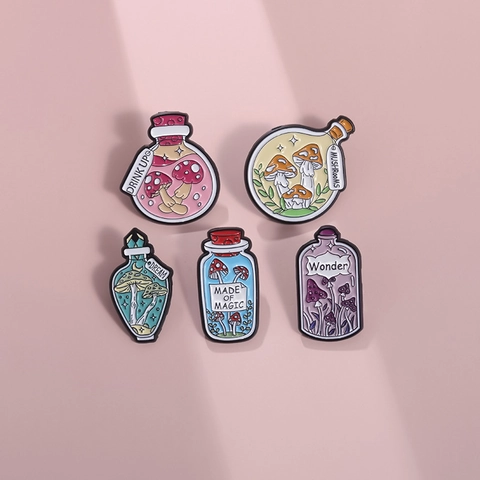 Cartoon Mushroom Magic Potion Bottle Enamel Brooch Pin Alloy Drip Oil Lapel Pin Creative Forest Style Badge For Clothes Bags Jewelry Gift