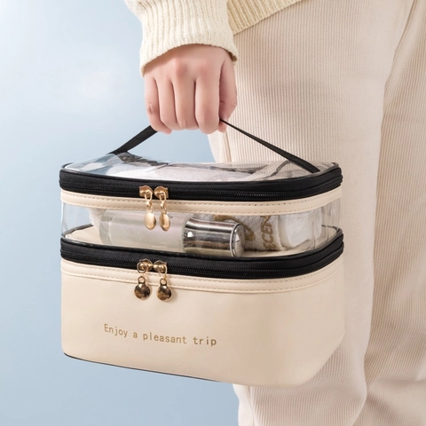 Double Layer Cosmetic Bag PU Leather Transparent PVC Waterproof Travel Toiletry Organizer Portable Large Capacity Case