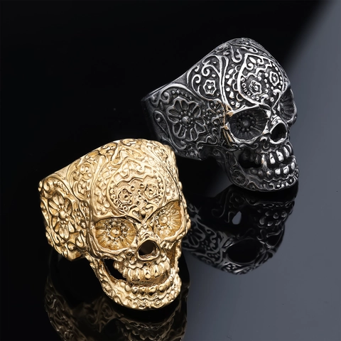 Skull Ring Stainless Steel Engraved Carved Floral Punk Gothic Retro Rock Biker Vintage Fashion Jewelry For Men