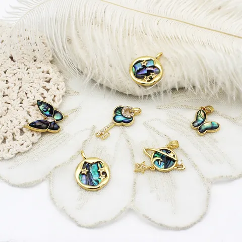 18K Gold Plated Copper Butterfly Planet Key Charms Abalone Shell Zircon Pendants For DIY Jewelry Making