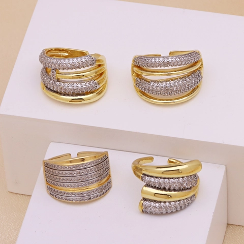 Multi-Layer Damenring Zweifarbig Gold Silber Kupfer Zirkonia Verstellbar Offenes Design Modeschmuck