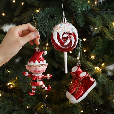 Addobbi per Albero di Natale Rosso Bianco Pendenti in Plastica Glitter Babbo Natale Pupazzo di Neve Lecca-lecca Elfo Scarpe Borsa
