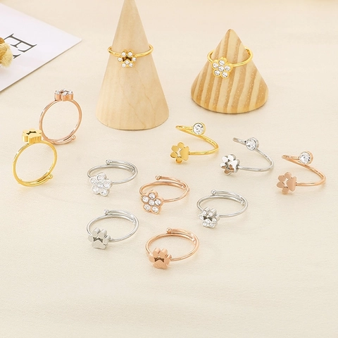Women Stainless Steel Open Ring Cat Paw Flower Zirconia Inlaid Adjustable Korean Style Lightweight Luxury Fashion Jewelry