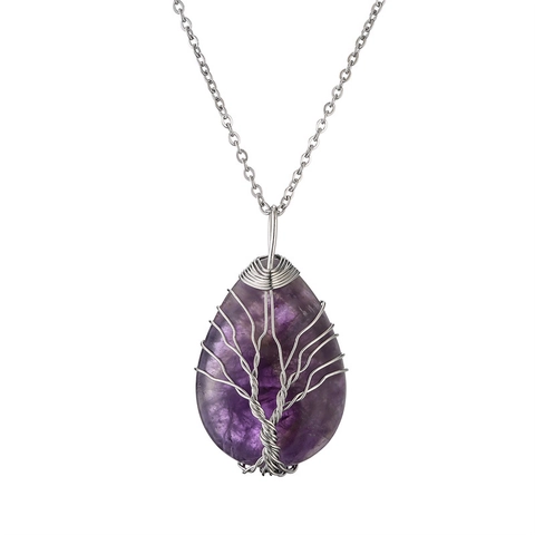 Handmade Tree Of Life Wire Wrapped Natural Crystal Water Drop Heart Moon Pendant Necklace Copper Wire Gemstone Jewelry