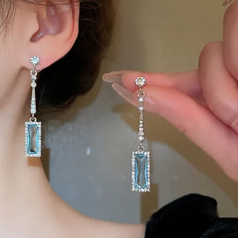 Geometric Rectangular Blue Zircon Long Drop Earrings With 925 Sterling Silver Earring Post Elegant Chic Women Jewelry