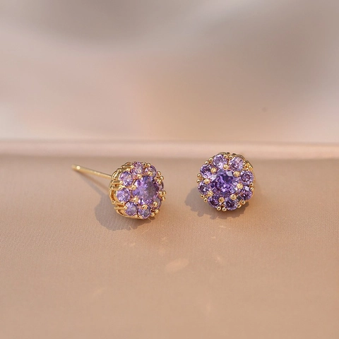 Stainless Steel Purple Zirconia Flower Jewelry Necklace Ring And Earrings For Women Elegant Birthday Party Wedding Gift