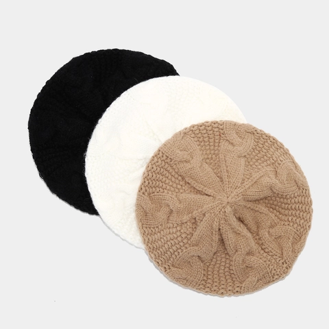 Women Cable Knit Beret Hat Winter Warm Thickened Acrylic Knitted Painter Hat Outdoor Casual Retro Style