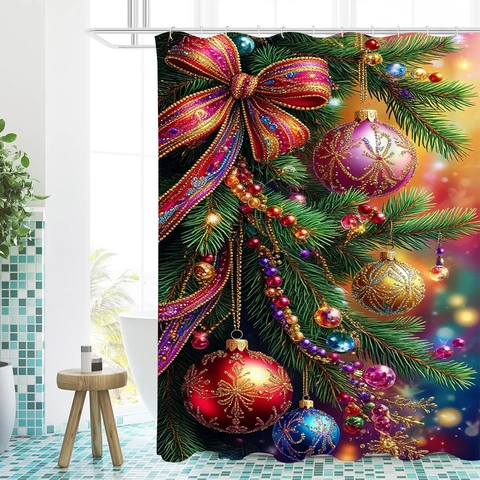 Christmas Shower Curtain Waterproof Polyester Fabric With Hooks 3D Digital Printed Winter Snowy Cottage Moon Decor Bathroom