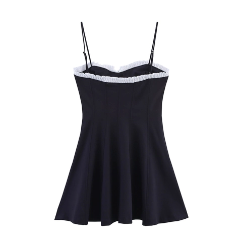 Zwarte Cami Mini-Jurk Polyester Kant Strik Zoet A-Lijn Mouwloos Hoge Taille Voor Dames