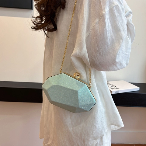 Women Evening Clutch Bag Geometric Gemstone Design Glitter Sequin Shoulder Bag With Metal Chain Strap For Party Wedding