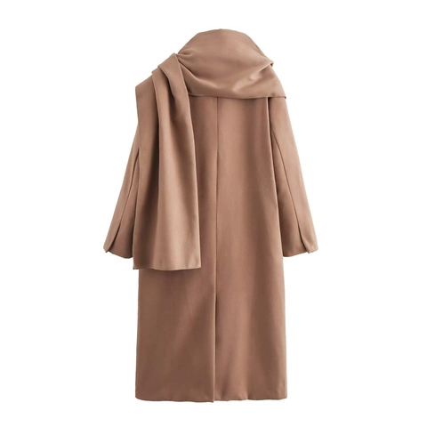 Women Long Woolen Coat With Matching Scarf Elegant Double Breasted Solid Color Lapel Warm Autumn Winter Outerwear