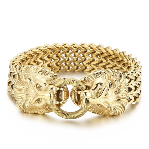 Lion Head Skull Stainless Steel Bracelet Men Gothic Punk Biker Woven Metal Chain Masculine Jewelry
