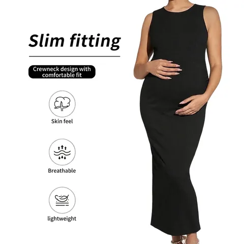 Umstands-Bodycon-Maxikleid Rippstrick Ärmellos Rundhalsausschnitt Rückenschlitz Schmale Passform Schwangerschaft Kleidung Schwarz